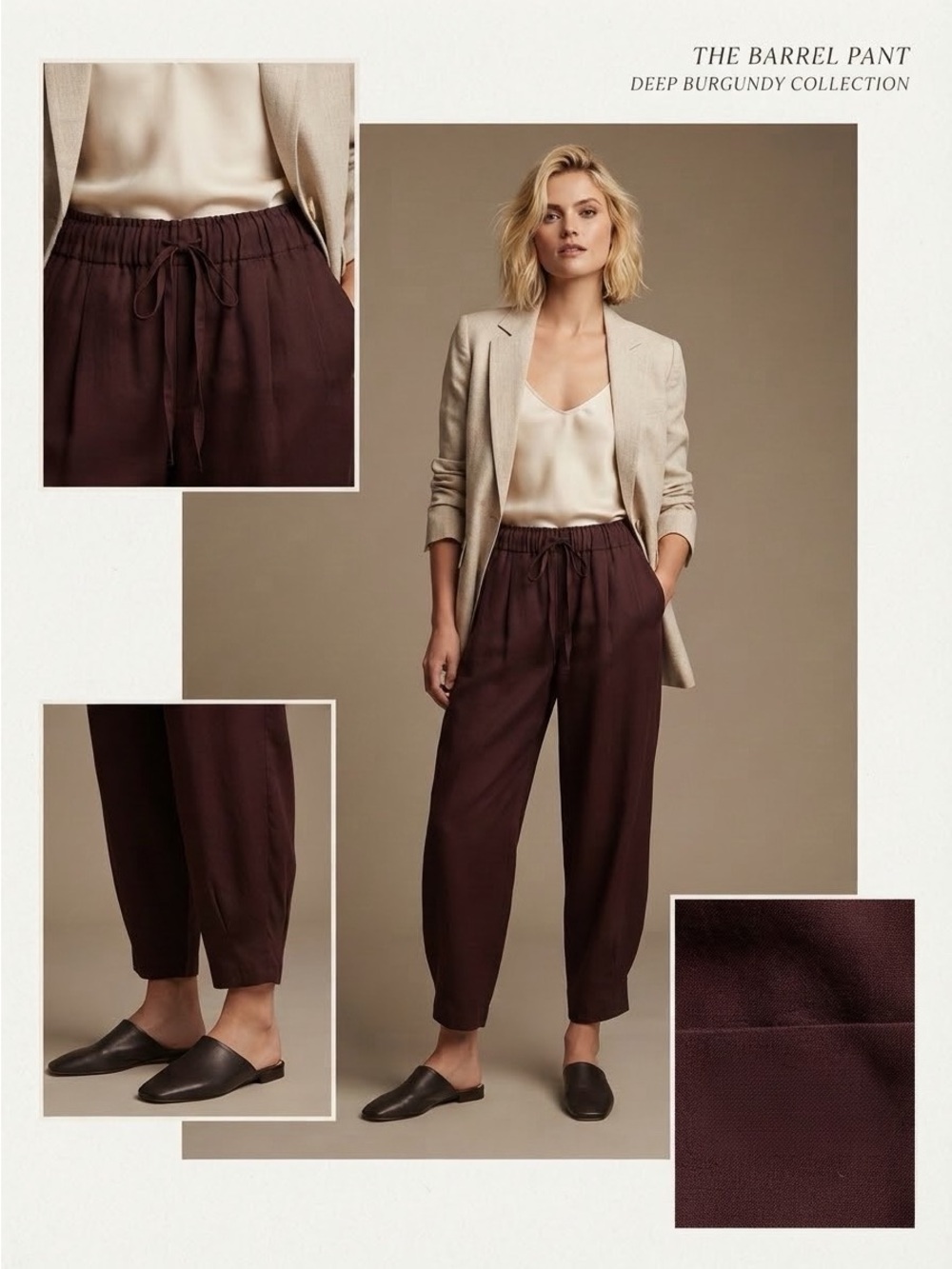Camila Coelho Women's Barrel Leg Pant Deep Burgundy High Waist Drawstring